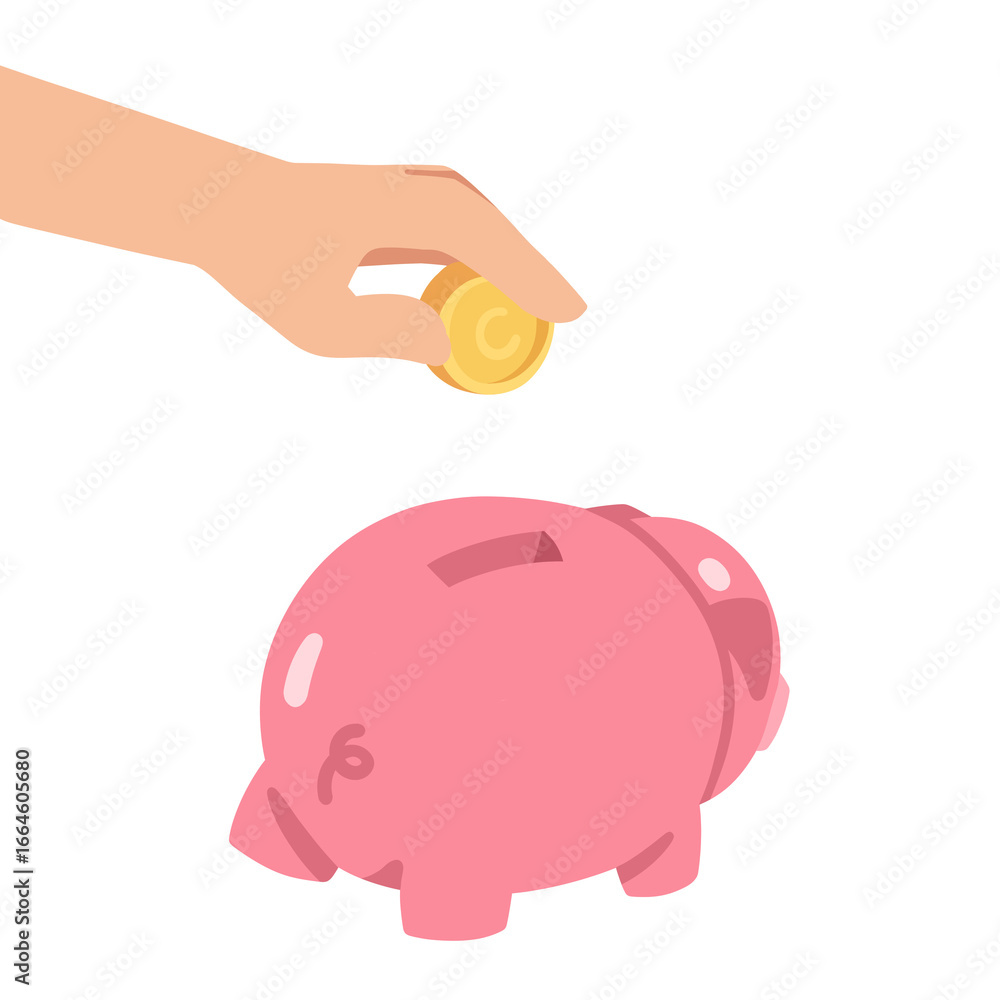 Fototapeta premium hand holding a coin and a pink piggy bank. hand drawn illustration for element, symbol, sign