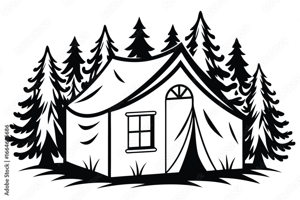 Fototapeta premium Camping Tent between Trees on White Background Isolated Style