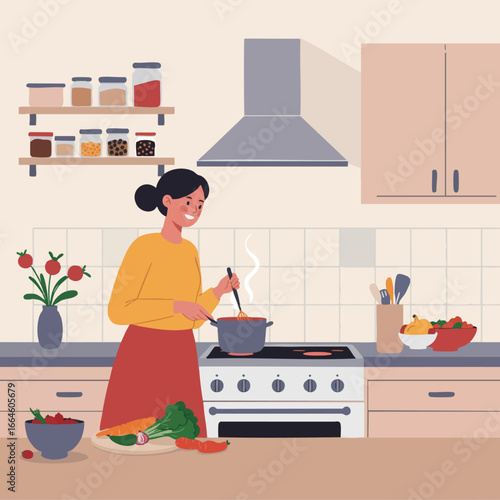 A smiling woman joyfully prepares a wholesome meal in her bright, contemporary kitchen, surrounded by fresh vegetables and spices, embodying a healthy home cooking lifestyle
