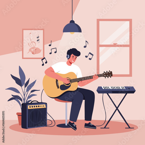 Young musician playing acoustic guitar with keyboard, amplifier and musical notes in a room