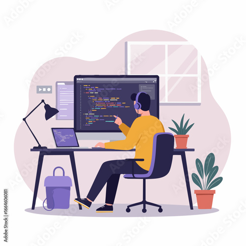 Young male programmer working on software development at his desk. A developer is coding on a computer in a modern home office vector illustration