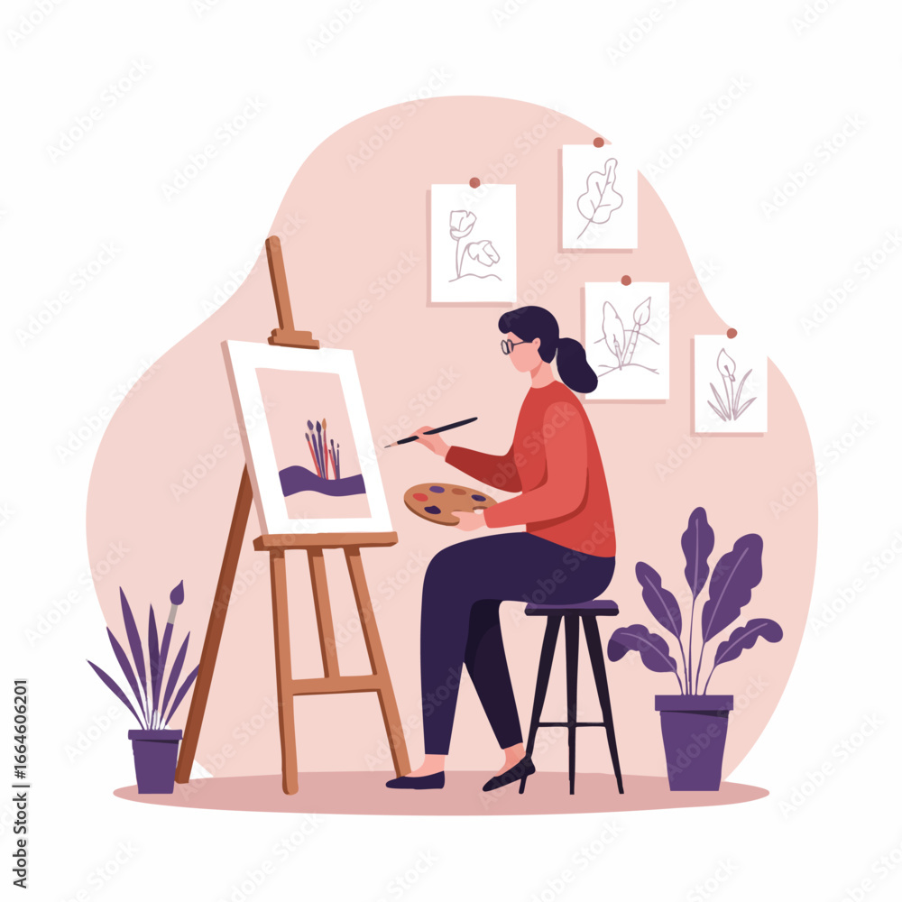 Fototapeta premium Creative female artist at work, painting a landscape on an easel in a cozy workshop with plants