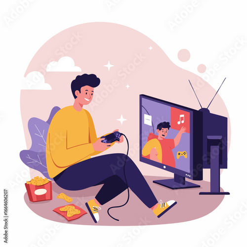Happy young man engrossed in playing a video game at home, a modern concept of indoor hobbies, leisure, and digital entertainment