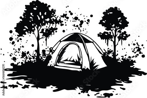 Camping Tent among Trees, Monochrome on a White Background