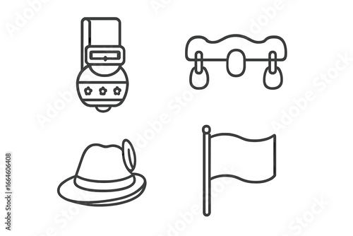 Alpine farming and herding icon set. Outline vector symbols of cowbell, wooden yoke, traditional herdsman hat and flag. For swiss, austrian or bavarian culture and agriculture.