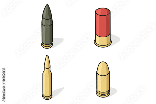 Isometric ammunition icon set. Vector collection of various ammo types: artillery shell, shotgun shell, rifle cartridge, and pistol bullet. Military firearm concept graphic.