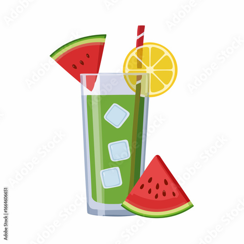Refreshing Glass of Green Juice with Watermelon and Lemon Slice, Perfect for Summer Drinks