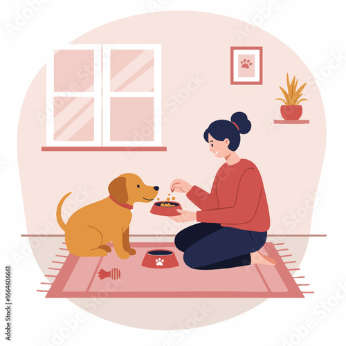 A Woman and Her Dog Bonding at Home, Lifestyle Illustration in a Cozy Room
