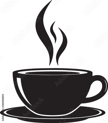 Black and white silhouette of steaming coffee cup on saucer