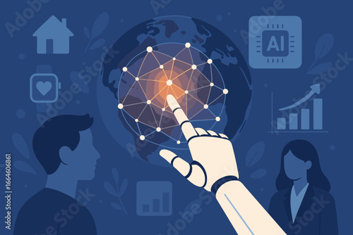 Artificial intelligence and machine learning concept. Robot hand interacts with global big data network. Future technology changing society, business, health, and lifestyle.