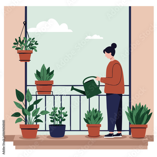 Woman watering potted plants on a balcony on a cloudy day