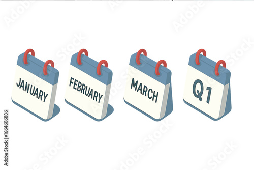 Isometric calendar icons for annual planner. January, February, March months and Q1 first quarter symbol. Business schedule, time management, and quarterly report vector set.