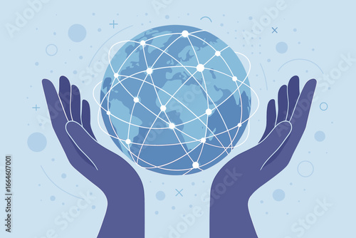 Hands holding a globe with a network grid. Concept for global connection, innovative technology, worldwide communication, and data science. Future business network. Vector cartoon.