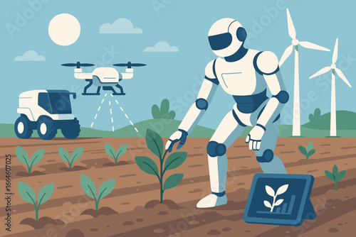 Agriculture farming technology futuristic concept. Robot with AI, drone sprayer, autonomous tractor on smart farm. Precision agriculture, plant monitoring, sustainable energy vector.