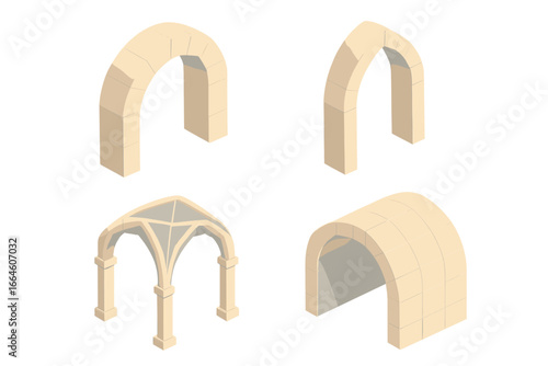 Arch and vault icon set. Isometric vector illustration of ancient architectural elements. Semicircular, pointed arch, ribbed vault and barrel vault. Stone construction design.