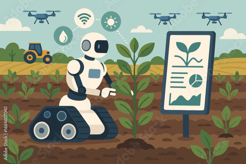 Agriculture farming technology futuristic with robot. Smart farm automation with AI, drone, and data analysis. IoT in agriculture for crop growth. Modern flat vector cartoon.