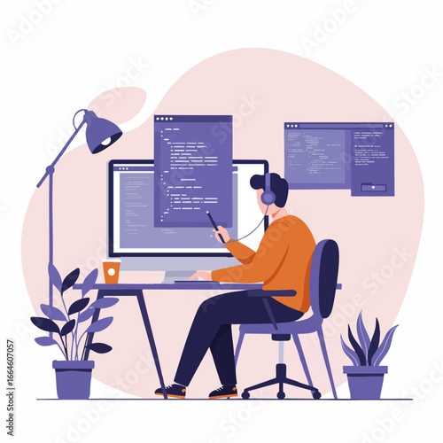 Male programmer working on software development, writing code on a computer at a modern desk with multiple monitors