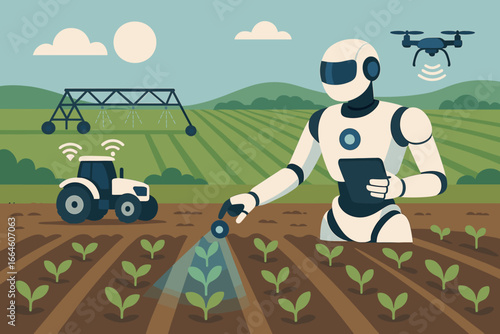 Futuristic agriculture technology concept with a robot analyzing plants. Smart farming automation with a drone, autonomous tractor, and modern irrigation system. AI in agribusiness.