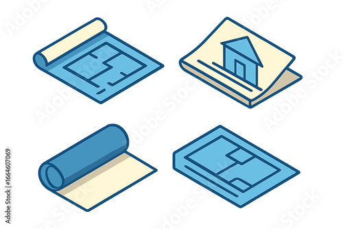 Isometric architectural icons set. Blueprints with floor plan and house elevation drawing. Construction project draft and technical engineering documents. Rolled paper plan vector.