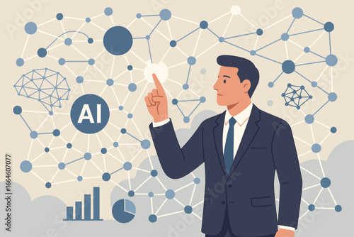AI technology, machine learning, and deep learning for big data analysis. Businessman touching a futuristic neural network interface. Concept for business innovation and growth.