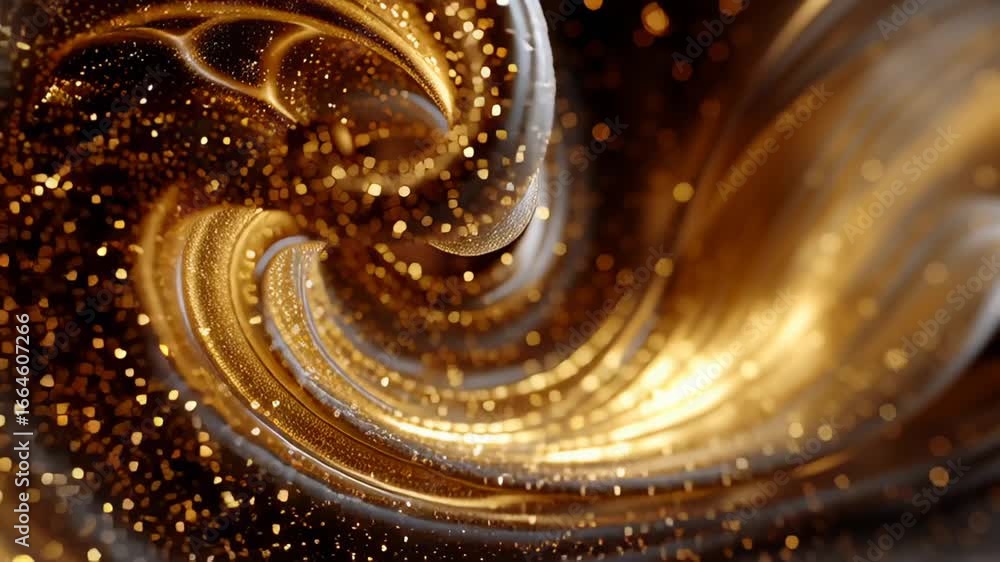 A luxurious golden stream of particles and light gracefully swirls through a dark space, creating an elegant and fluid spiral motion. A luxurious golden stream of particles and light gracefully swirls through a dark space, creating an elegant and fluid spiral motion.