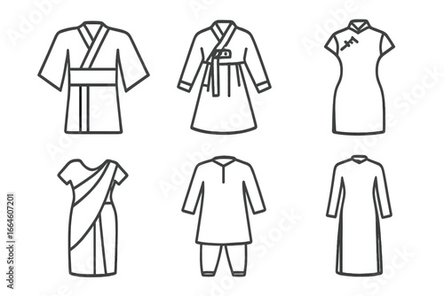 Asian traditional clothing outline icons set. Kimono, Hanbok, Cheongsam, Sari, Shalwar Kameez, Ao Dai. Japanese, Korean, Chinese, Indian, Vietnamese cultural dress symbol.