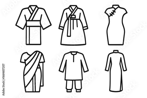 Asian traditional garments icon set. Japan kimono, Korea hanbok, China cheongsam, India sari, Pakistan shalwar kameez, Vietnam ao dai. Outline vector illustration symbol.