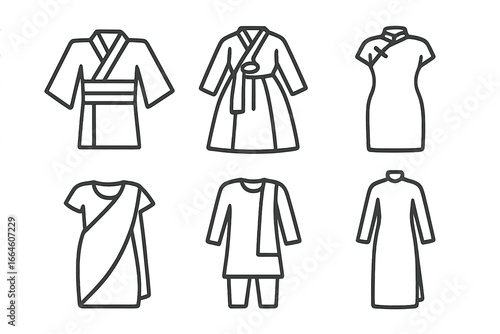 Asian traditional clothes line icon set. Vector illustration of national costumes. Kimono, hanbok, cheongsam, qipao, sari, shalwar kameez, ao dai. Cultural folk dress.