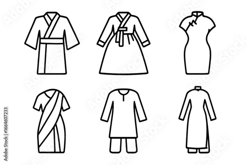 Asian traditional garments line icon collection. Vector set of national costumes: kimono, hanbok, cheongsam, sari, shalwar kameez, ao dai. Japan, Korea, China, India, Vietnam.