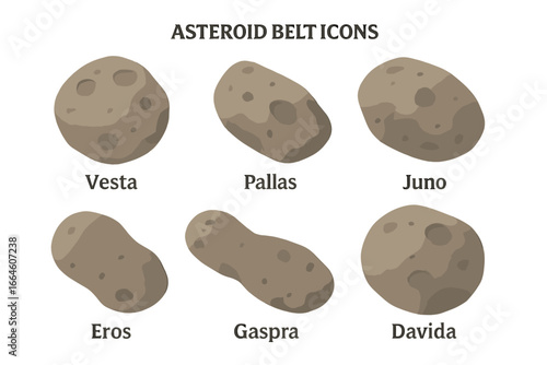 Asteroid belt icons vector illustration set. Collection of astronomical bodies from the solar system. Featuring major asteroids Vesta, Pallas, Juno, Eros, Gaspra, and Davida.