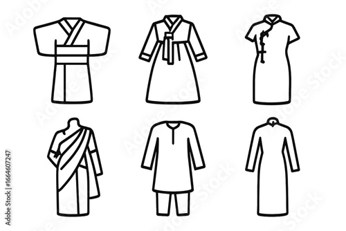 Asian traditional garments line icon set. Kimono, Hanbok, Cheongsam, Sari, Shalwar Kameez, Ao Dai. National costume vector symbols for Japan, Korea, China, India, and Vietnam.