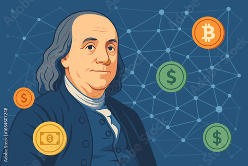 Benjamin Franklin with blockchain. Cryptocurrency vs traditional money. Bitcoin and dollar coins on networking connection. Fintech, digital economy, DeFi, investment concept illustration.