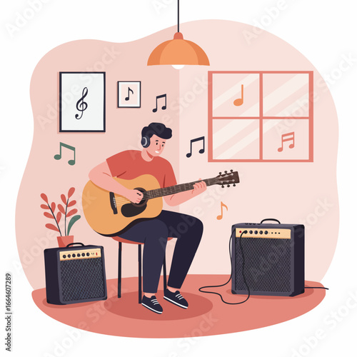Digital illustration capturing the essence of a musician's dedicated practice session, strumming an acoustic guitar in a personal music space with amplifiers