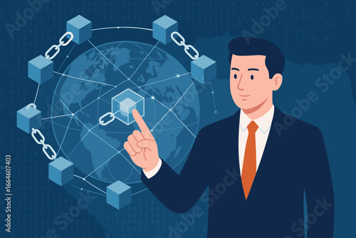 Blockchain technology concept with businessman touching virtual block. Global network with encrypted chain. Metaphor for crypto, fintech, data security, and digital business.