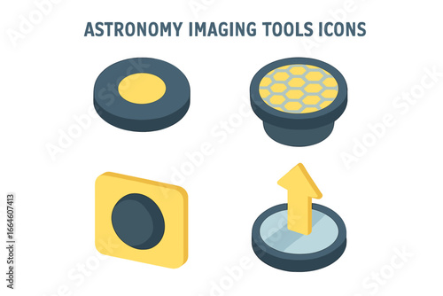 Astronomy imaging tools isometric icon set. Vector collection of direct imaging techniques for exoplanet research, including coronagraph mask and adaptive optics mirror icons.