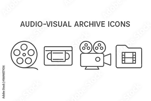Audio-visual archive icons. Set of outline symbols for media preservation. Film reel, video cassette, movie camera, digital folder. Cinema history and retro technology vector.
