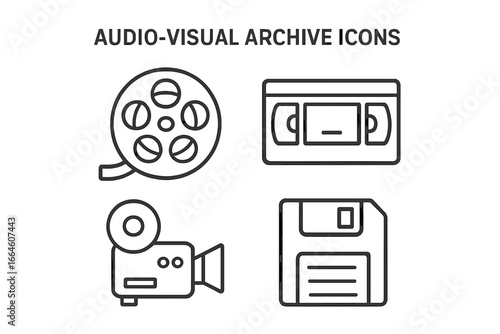Audio-visual archive icons. Old retro media and vintage technology. Film reel, video cassette, camcorder, floppy disk. Analog data storage and preservation concept. Nostalgia 80s 90s.