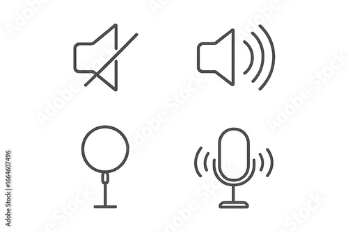 Audio outline icon set. Sound and microphone symbols. Mute, unmute, speaker volume, recording mic, and pop filter linear icons. Vector graphic element for UI UX design.