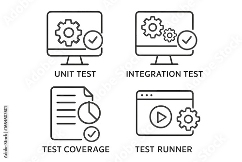 Automated testing outline icon set. Unit test, integration test, test coverage, test runner icons. Software development, QA, quality assurance, code quality, DevOps concept.