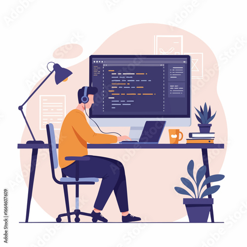 Software Developer Working at Desk, Coding and Programming