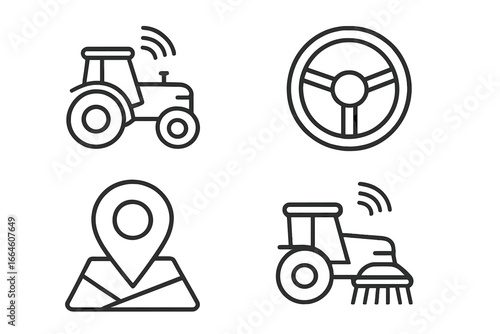 Autonomous tractor icon set. Smart farming and agriculture technology concept. Driverless machinery, GPS navigation, and remote control symbols. Vector outline illustration.