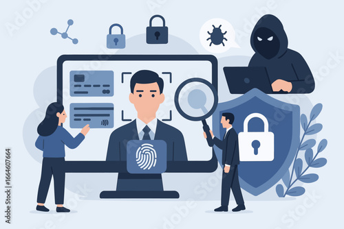 Biometric identification and cyber security concept. Protecting business transactions from online hacker attacks. Face recognition, fingerprint scan for data privacy and secure access.