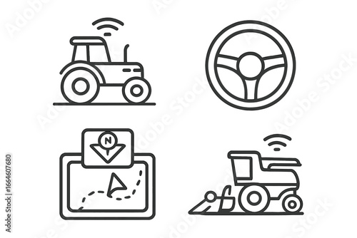 Autonomous tractor icon set for smart farming. Precision agriculture concept with GPS navigation, combine harvester, and remote control agri-tech vector line art illustration.