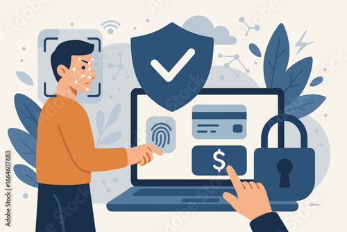 Biometric identification for cyber security. Face recognition and fingerprint scan for secure online payment. Concept of digital transaction protection, data privacy and authentication.