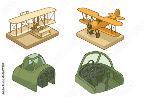 Isometric aviation history icon set. Vector illustration of flight evolution with Wright Flyer model, vintage biplane, and WWII fighter cockpit interior and exterior exhibits.