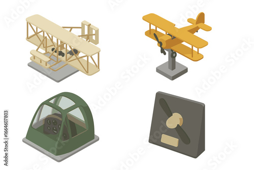 Aviation history evolution isometric icon set. Museum exhibit collection with Wright Flyer, vintage biplane, military cockpit, and propeller. Flight technology vector icons.