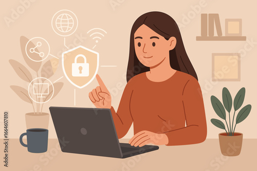 Cybersecurity concept with businesswoman at home office. Woman works on laptop, selects virtual shield icon for data protection, network security, and internet privacy. Vector.