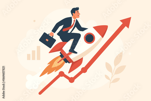 Boost performance with fast progress. Businessman on rocket following growth arrow. Metaphor for business success, marketing, investment, startup launch, and increased efficiency.