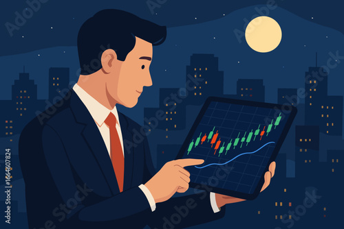 Businessman checking stock market data on tablet. Investor analyzing financial chart at night. Trader monitoring cryptocurrency growth. Finance and investment concept. Vector.