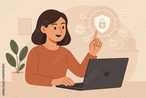 Cyber security concept. Woman working on laptop. Internet data protection. Network privacy. Secure connection. Antivirus software. Firewall. Virtual screen with shield icon.
